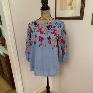 Kindred NWOT Floral Embroidered Blue Women's Top Size L